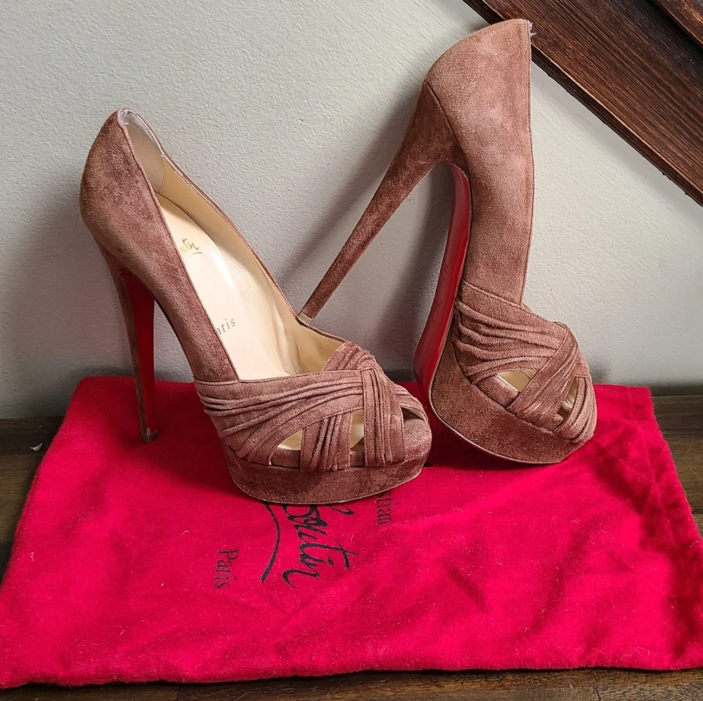 Christian Louboutin Brown Suede Platform Heels 38 1/2 - Picture 3 of 15